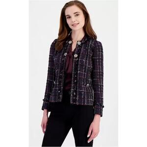 Anne Klein Women's Open Front Long Sleeve Purple Tweed Jacket Size Medium